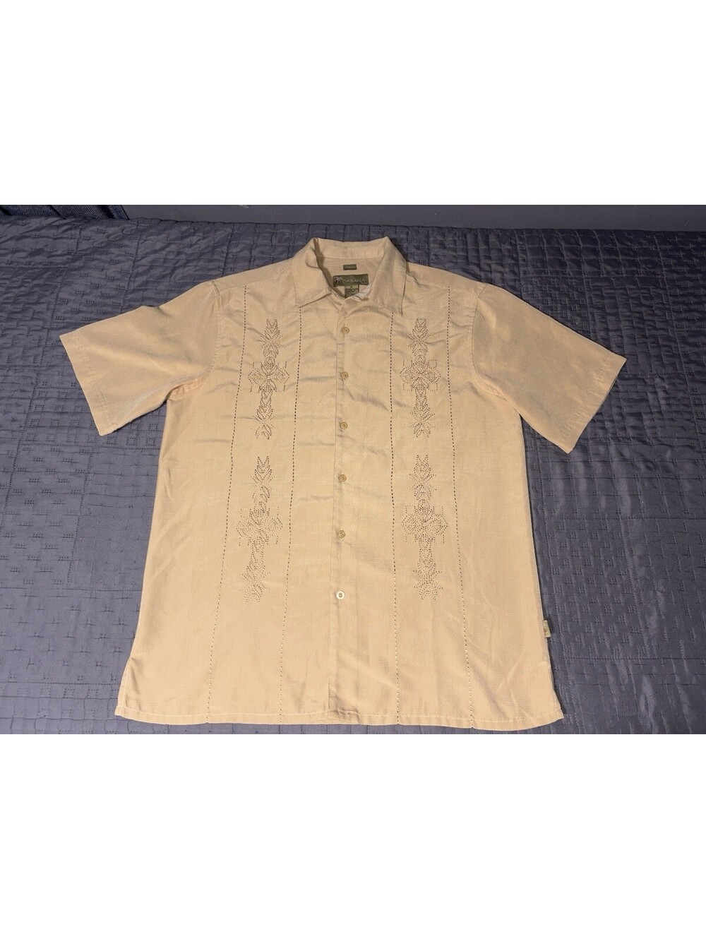 Cabana Guayabera Shirt Mens M Beige Embroidered Button Up Camp Cuban Casual